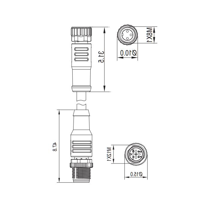 M8 3Pin 母头直型转M12 3Pin 公头直型、双端预铸防焊渣PUR柔性电缆、橙色护套、63T201-XXX