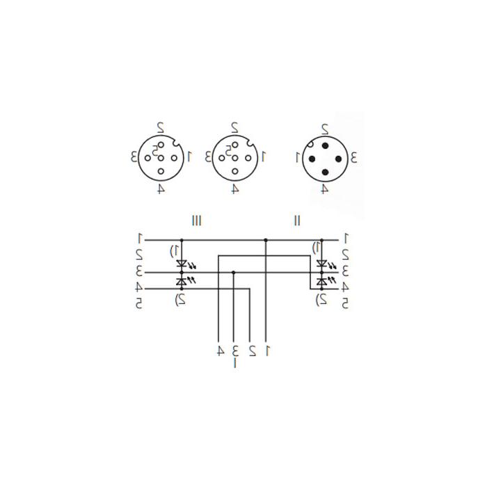 M12 4Pin公头/2M12 3Pin母头90°、带LED灯、IP 69K-ECOLAB、食品级、Y型预铸PUR柔性电缆、黑色护套、64E421-XXX